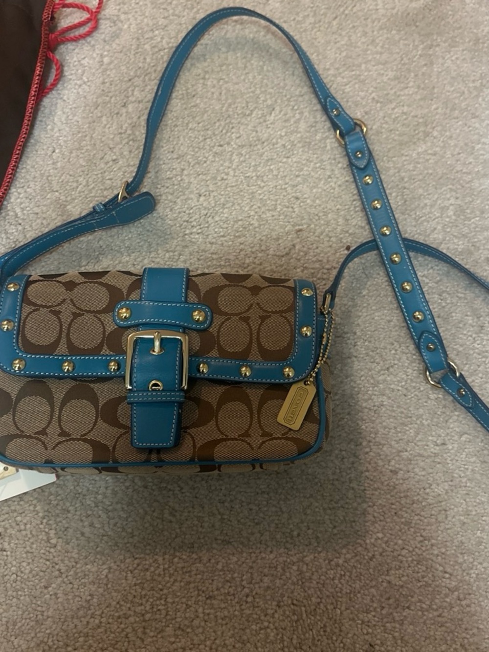 Coach Brown Signature Crossbody with Turquoise Blue Trim